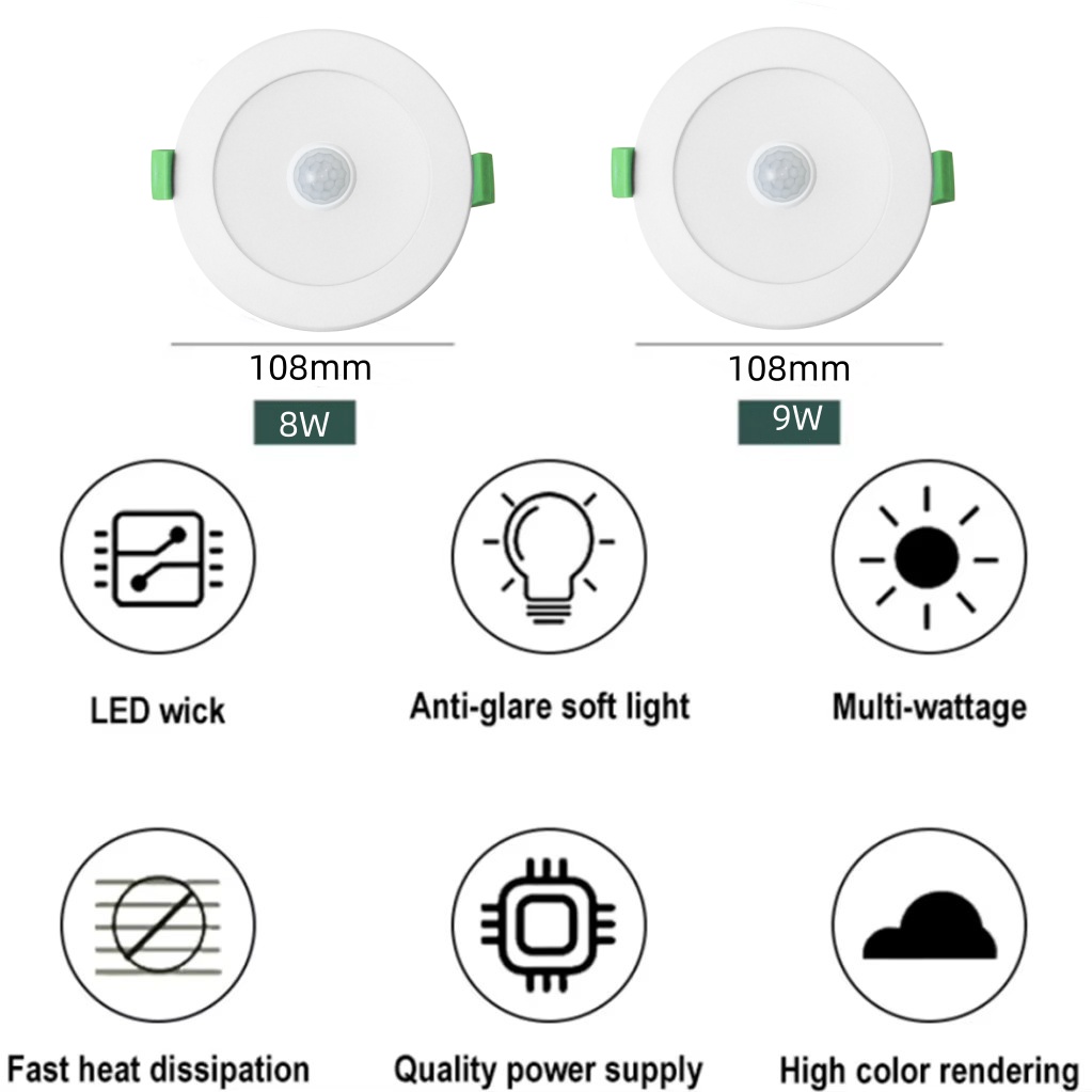 DL01-F-S 8W 9w PIR Motion Sensor Downlight AC85-265V Recessed Ceiling Lighting Hallway Living Room Kitchen Decorative Lighting ip44 Lights